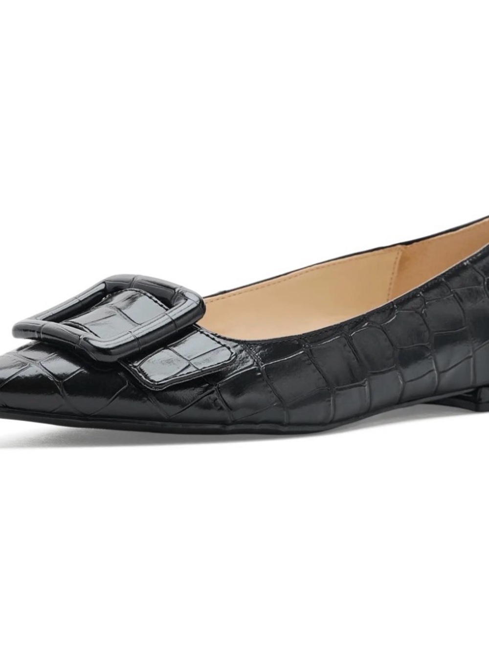 Nine West Black Croc-Embossed Pointed Ballet Flats with Buckle Accent